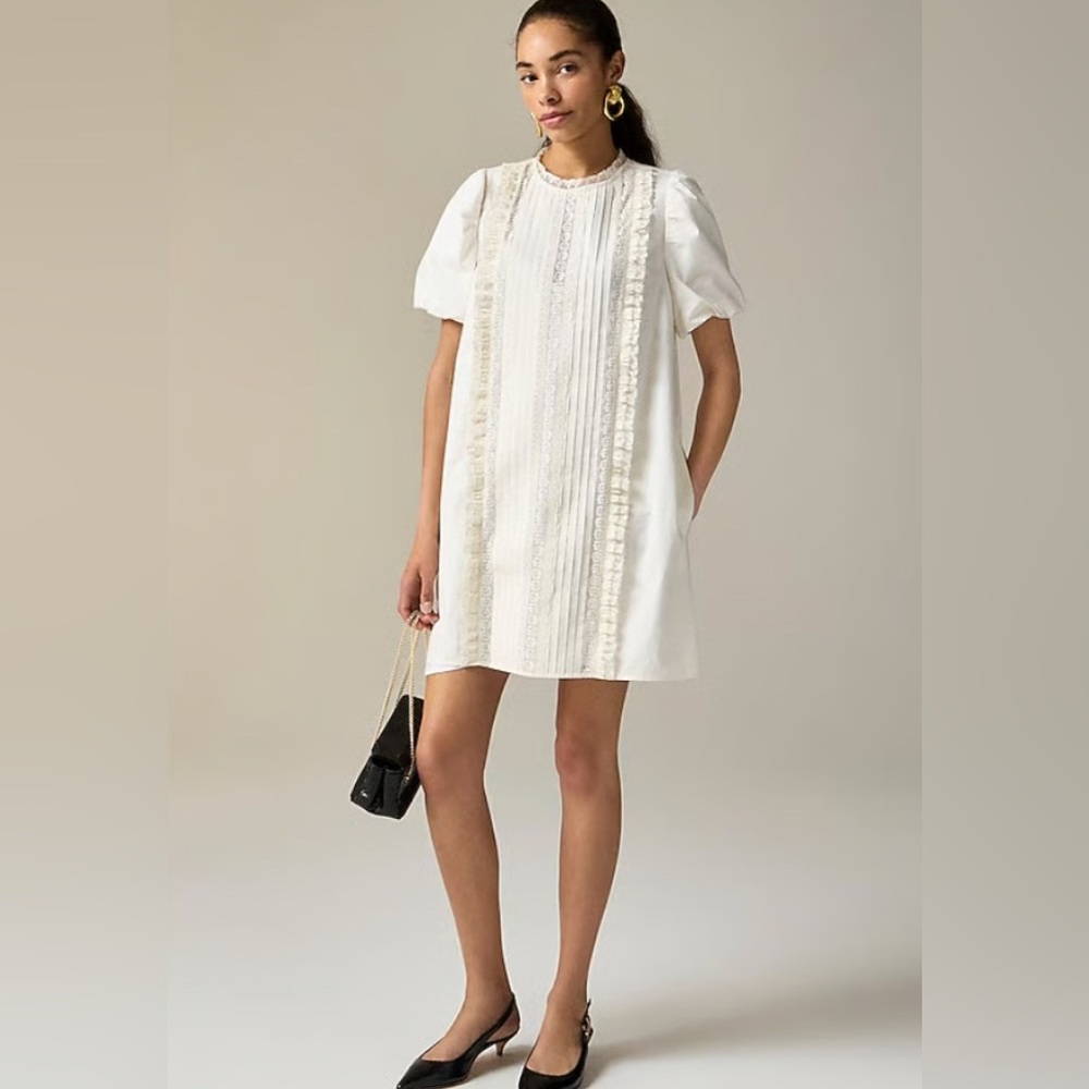 J Crew women’s Lace-trim pintuck dress ivory cream Size XXS NWT